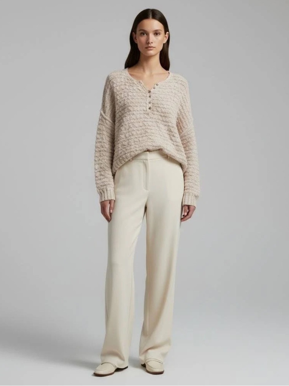 FP Beach Cream Textured Knit Oversized Henley Sweater Size S - Lightweight Boho